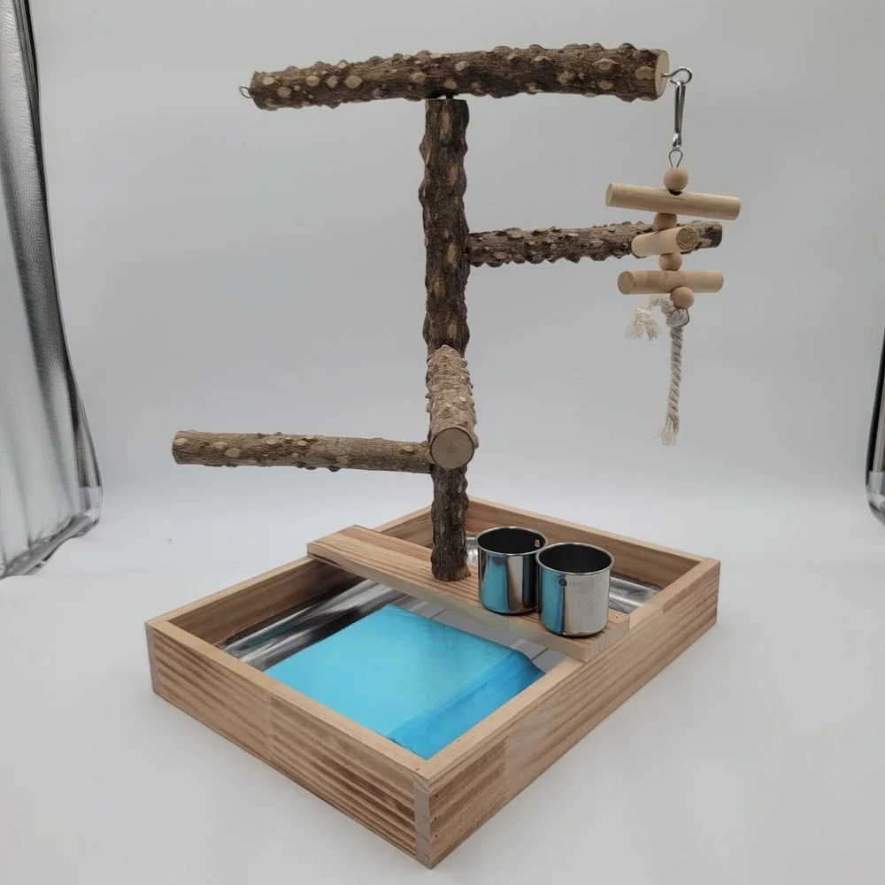 Natural Wood Bird Playstand Tabletop Gym with Stainless Steel Tray‎ and Cups
